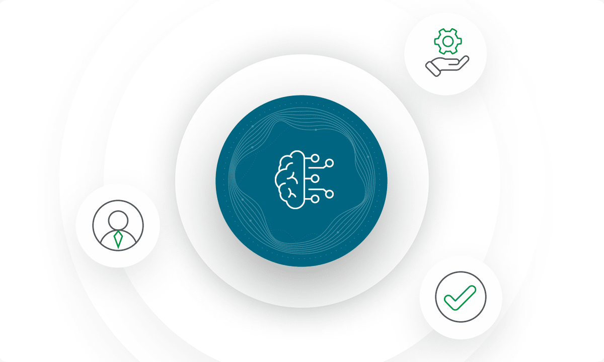 A central icon of a brain connected to circuits, representing AI, is surrounded by three smaller icons: a person in a suit, a gear being held by a hand, and a check mark. All icons are encased in circles on a white background.