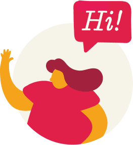 cartoon person waving with a speech bubble saying 