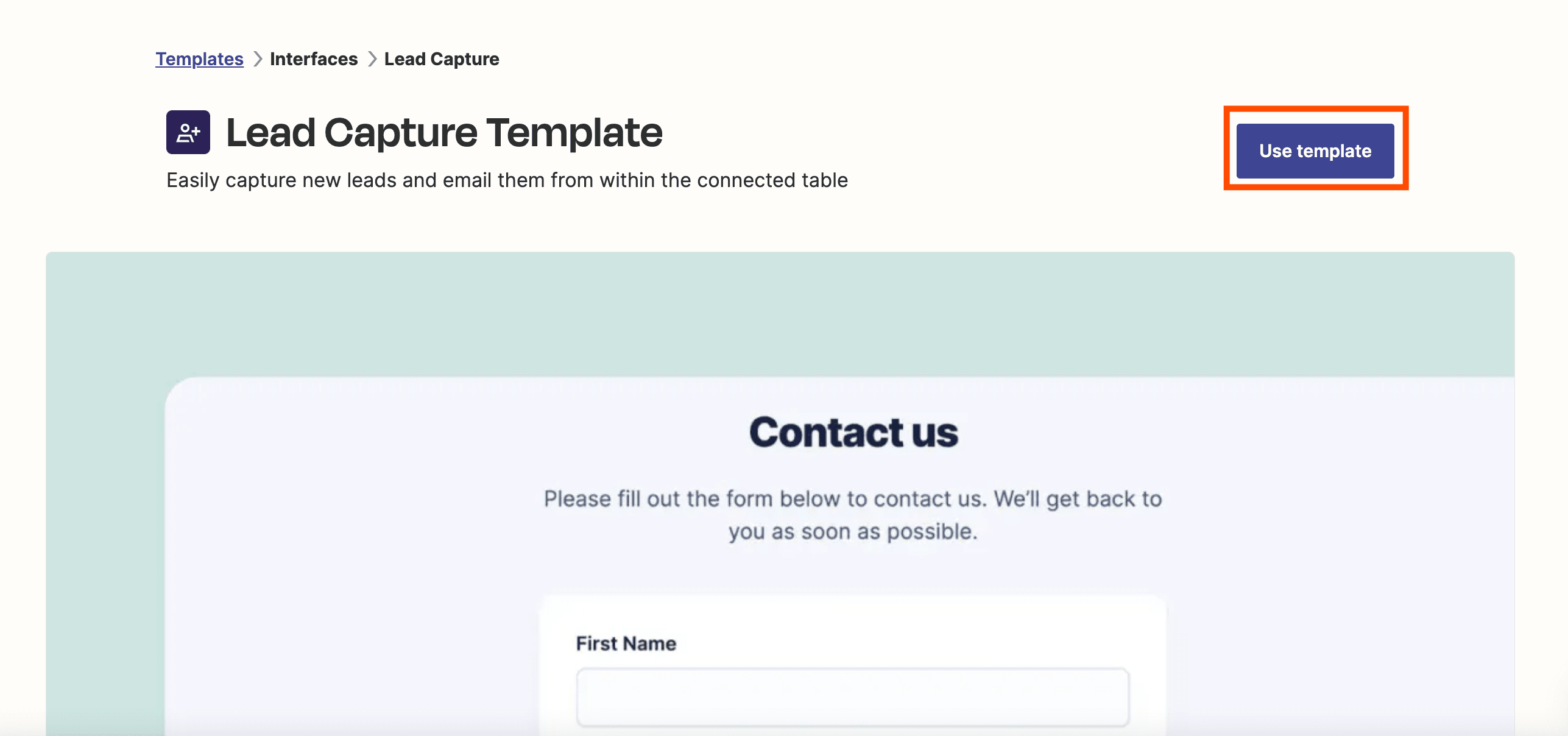 Screenshot of lead capture template in Interfaces on Zapier