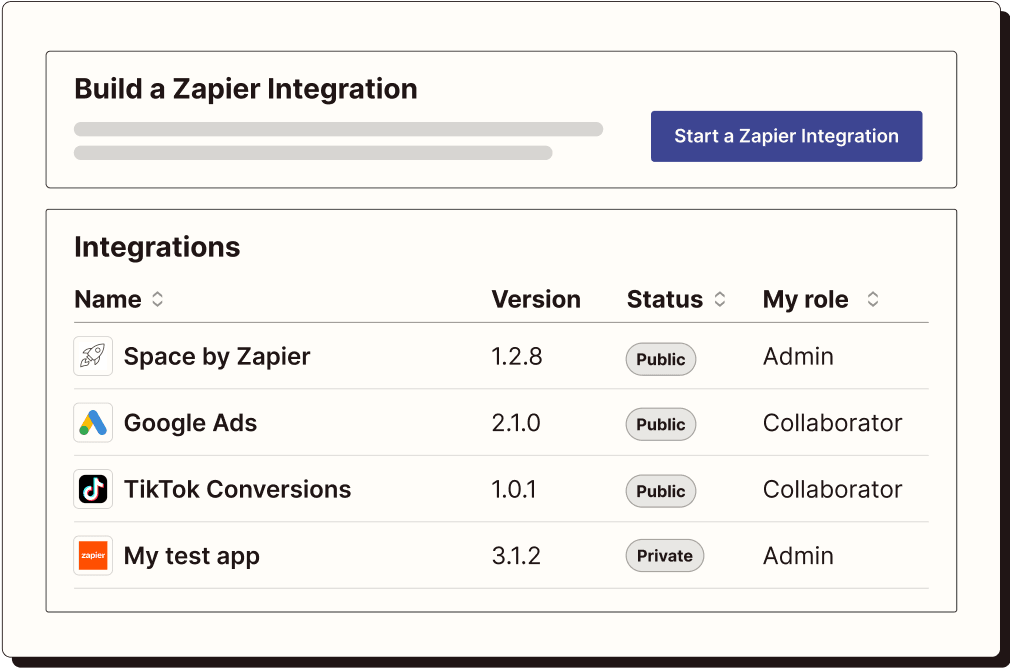 A product screen showing the developer platform with various app integrations