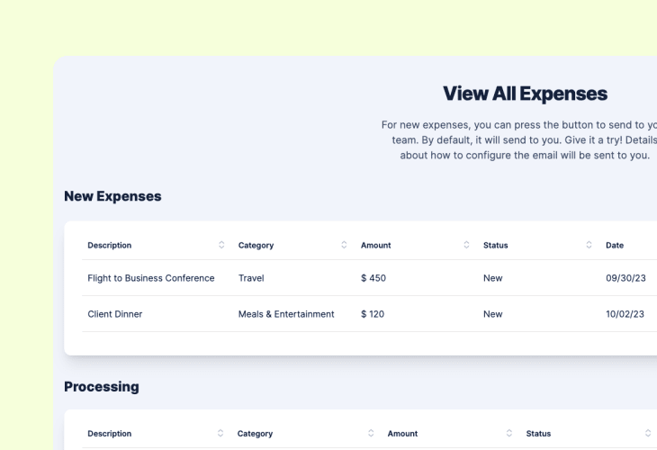 Expense hub with new and processing expenses