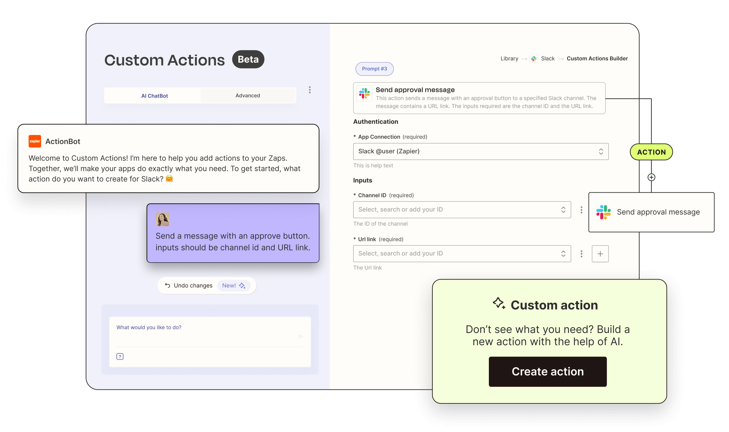 Custom Actions interface with a custom action of sending an approval message in slack with an approve button