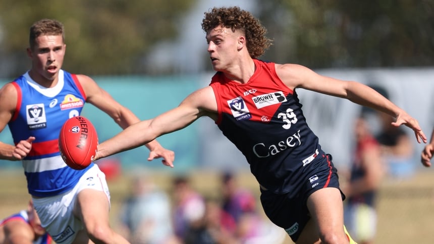 Koltyn Tholstrup in action for the Casey Demons during the clash with the Footscray Bulldogs at Casey Fields. Picture: Rob Lawson/AFL Photos