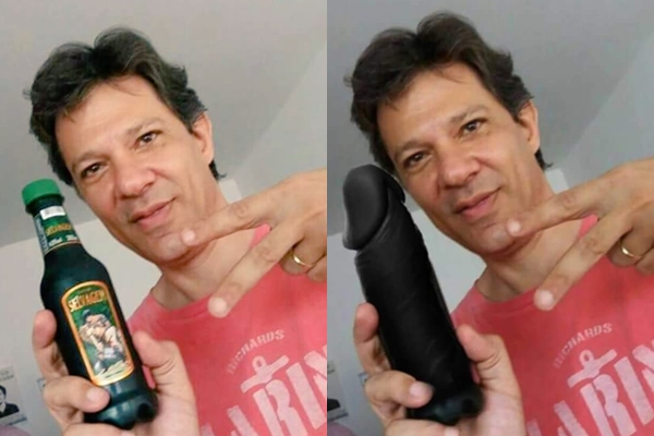 À esquerda, Fernando Haddad segurando garrafa de catuaba; à direita, imagem manipulada na qual o candidato do PT é visto com um pênis de borracha na mão (Foto: Reprodução)
