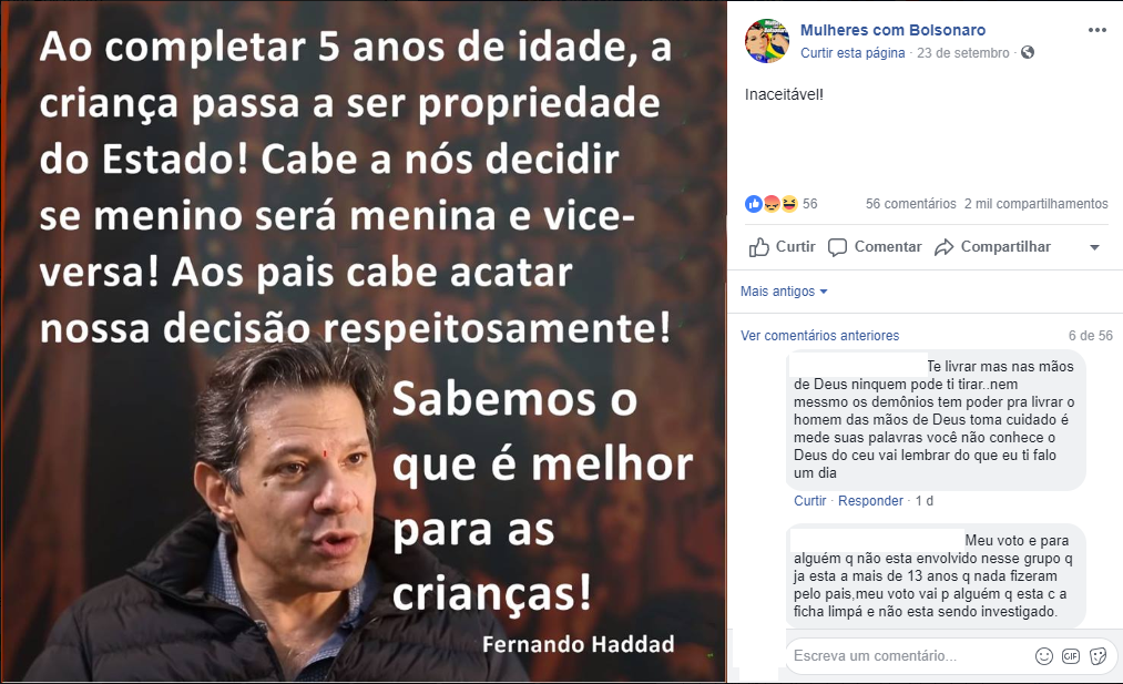 Fala de Fernando Haddad sobre decidir o gênero de crianças de 5 anos é falsa (Foto: Reprodução Facebook)