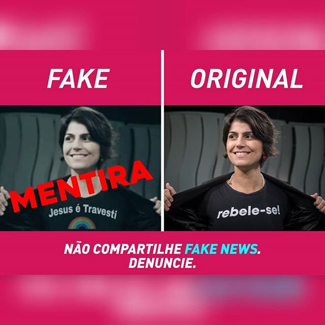 Foto de Manuela D'Ávila usando camiseta com estampa de "Jesus é travesti" foi manipulada para criar fake news contra a candidata (Foto: Reprodução Instagram)