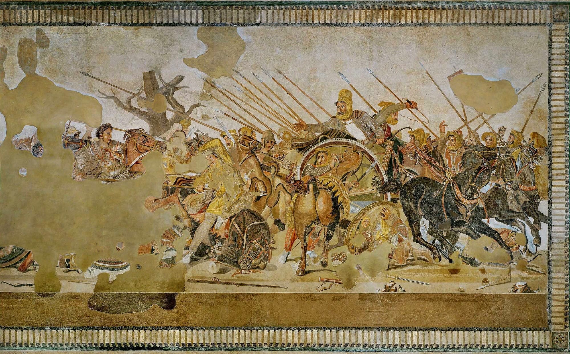 The battle of Issos between Alexander the Great and Darius of Persia. Floor mosaic found in Pompeii, Roman copy after a Hellenistic original by Philoxenos of Eretria.