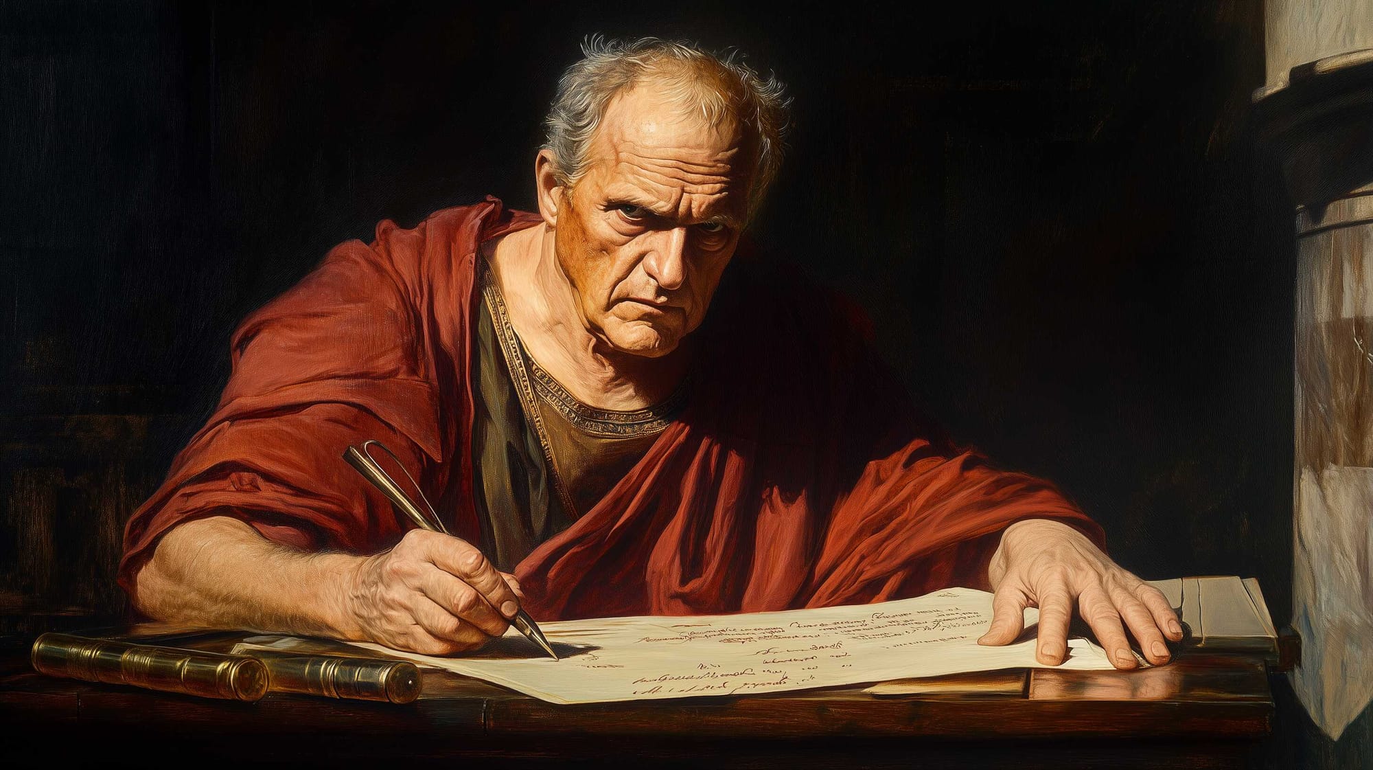 A possible representation of Cato the Elder, while writing the letter to his son regarding the Greeks