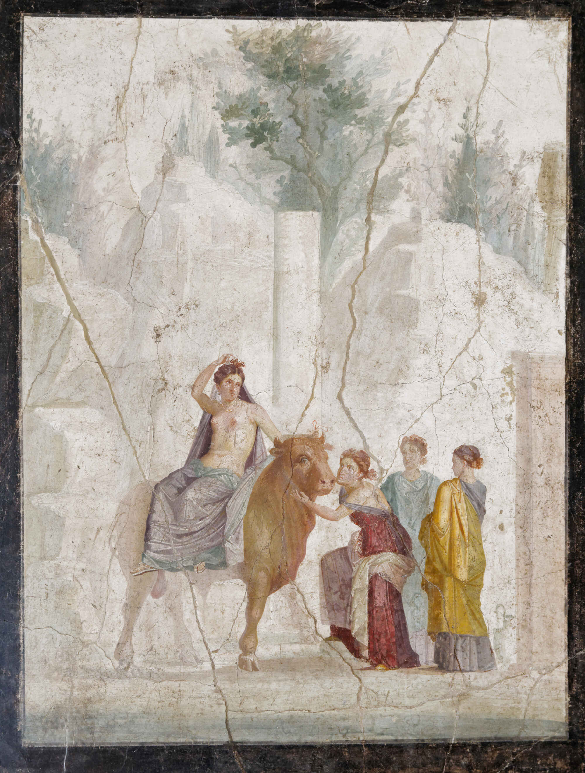 Europe seated on a bull, actually Zeus in disguise, is celebrated by her companions before the bull carries her off to Crete. Roman fresco based on a Greek mythological story, from Pompeii. 