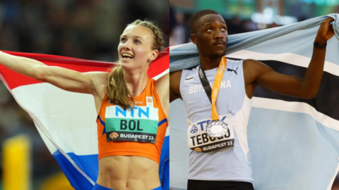 Femke Bol célèbre sa médaille d'or obtenue sur le 400 m aux Mondiaux de Budapest, et à droite, Letsile Tebogo à l'occasion de sa première médaille africaine sur 100m dans un Championnat du monde à Budapest le 20 août 2023.