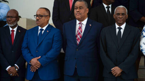 Haitian Prime Minister Garry Conille (second from right) with Emmanuel Vertilaire (left), Louis Gérald Gilles (second from left) and Edgard LeBlanc Fils (right) in Port-au-Prince on June 12, 2024.