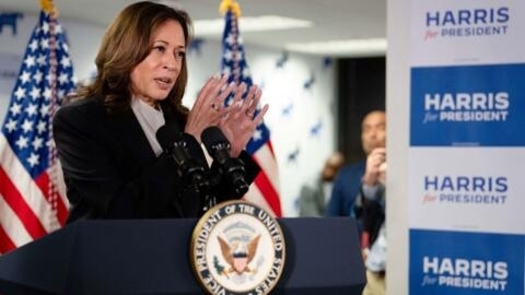 US Vice President and Democratic presidential candidate Kamala Harris speaks at her campaign headquarters in Wilmington, Delaware, on July 22, 2024.