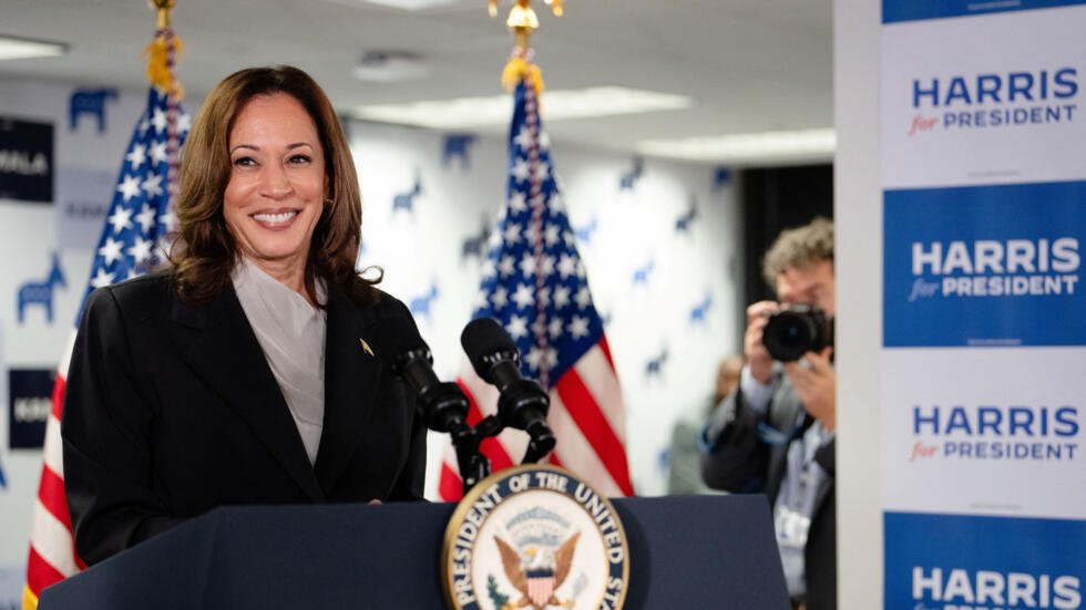 US Vice President Kamala Harris speaks to reporters at her presidential campaign headquarters in Wilmington, Delaware on July 22, 2024.