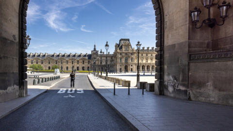French Gendarmes block access to the Louvre Museum, which is closed to pedestrians, cyclists and vehicles as a security measure, July 18, 2024, a few days before the opening of the 2024 Olympics.