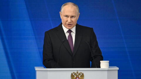 Russian President Vladimir Putin delivers his annual state of the nation address in Moscow on February 29, 2024.