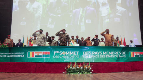 Mali's Assimi Goita, Niger's General Abdourahamane Tiani and Burkina Faso's Captain Ibrahim Traore attend the opening of  the first ordinary summit of heads of state and governments of the Alliance of Sahel States (AES) in Niamey, Niger July 6, 2024.