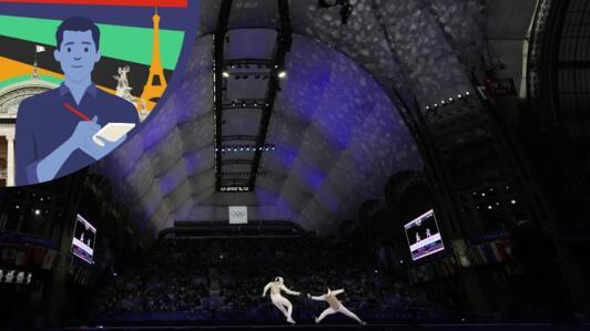 Italy's Guillaume Bianchi competes with Japan's Kazuki Iimura in the men's team foil final match during the 2024 Summer Olympics at the Grand Palais in Paris, France on August 4, 2024.