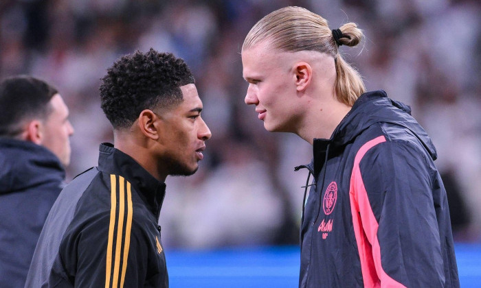 9th April 2024: Santiago Bernabeu, Madrid, Spain: UEFA Champions League quarter-final, Real Madrid versus Manchester City. Haaland and Bellingham before the game starts