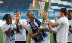 Bergamo, Italy, 26th May 2024. Teun Koopmeiners and Marten De Roon of Atalanta celebrates with the UEFA Europa League tr