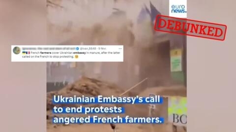 Pro-Russian accounts have been widely sharing a fake video that they claim shows French farmers protesting in front of the Ukrainian embassy in Paris.
