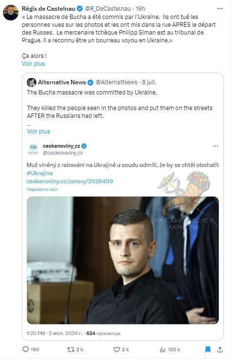 Pro-Putin French lawyer Régis de Castelnau tweeted on July 8 about an article that he said revealed that the Ukrainian Army had carried out the Bucha massacre. In reality, that is not what the article said.