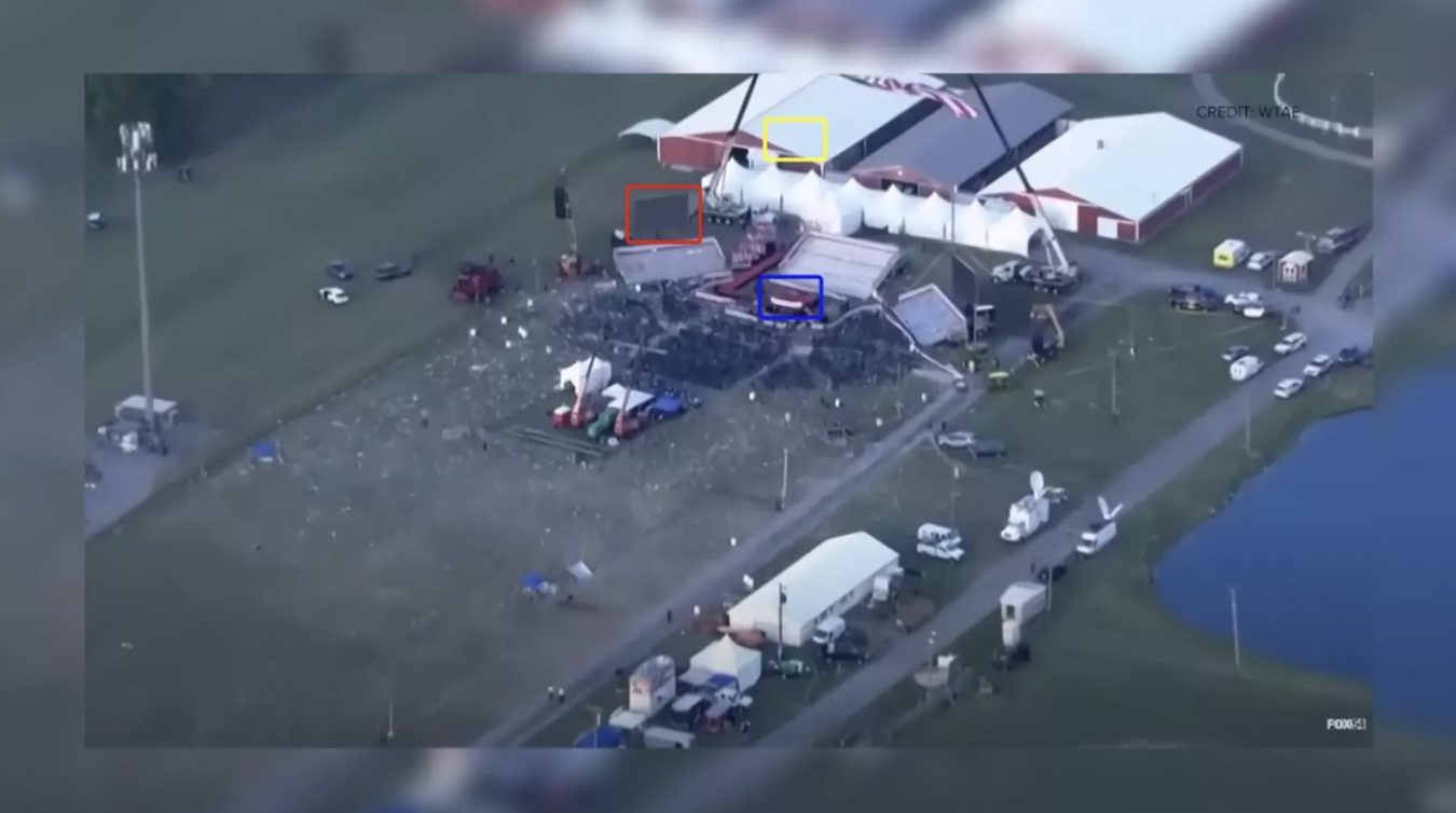 This is a screengrab of a video filmed by TV channel Fox54 showing the location where Trump’s campaign rally was to take place in the hours ahead of the event. Trump (circled in blue) was looking at the screen to his right (in red) and not at the snipers positioned on the roofs of nearby hangers (marked in yellow).