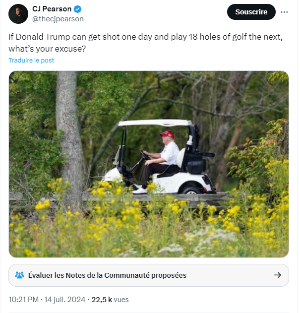 A post on X from July 14, 2024 features an image of Donald Trump driving a golf cart.