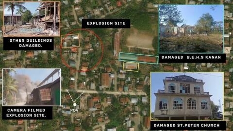This map indicates the locations where images were taken of an air strike that hit Ka Nan, Myanmar on January 7, 2024. “Myanmar Witness” geolocated the images and put together the map. 