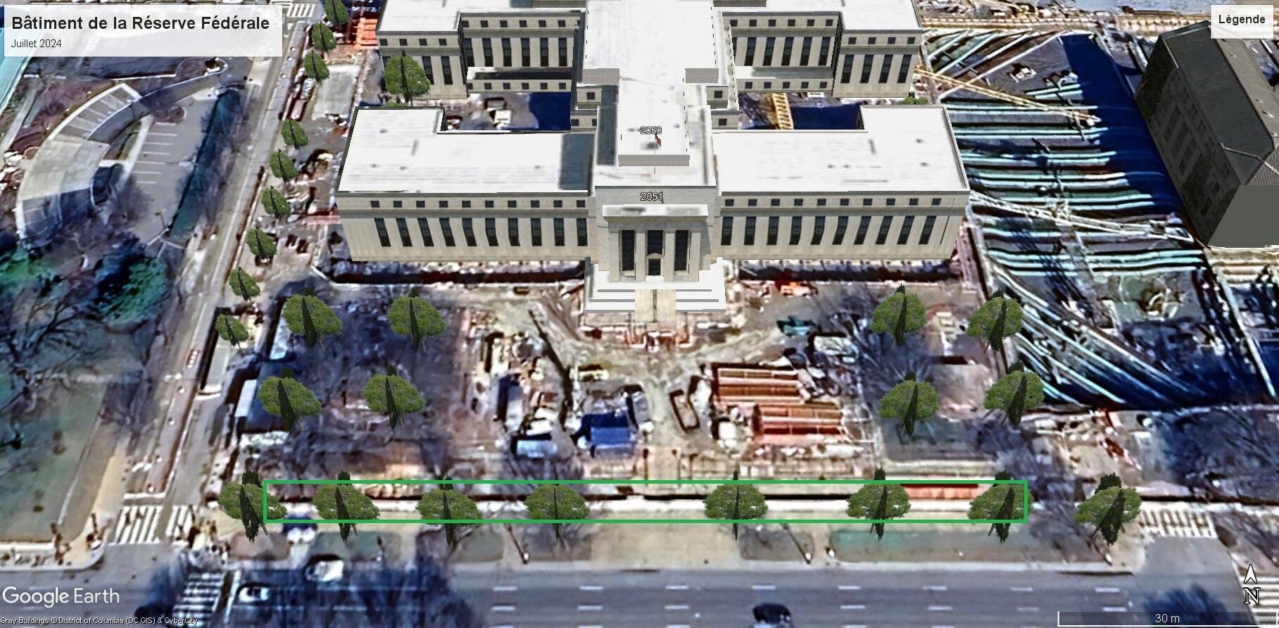 From this satellite view of the Federal Reserve building, you can see (outlined in green by our team) the wall that appears in the videos.