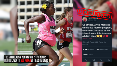 This image has been circulating online along with a caption claiming that Alysia Montano won the 800-metre race at the US championships when she was five months pregnant. The photo is actually from 2014, and she finished last in the race.