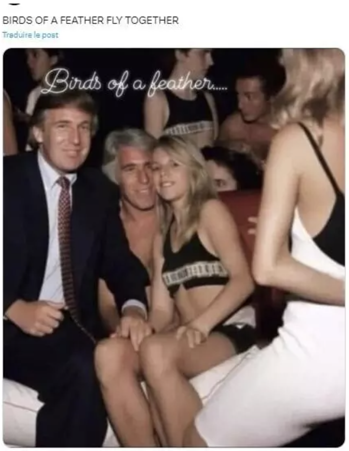 A photo published on 4 July 2024 allegedly shows Donald Trump and Jeffrey Epstein with a teenage girl. The image was created by AI.