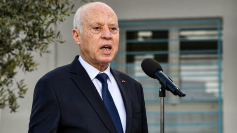 Tunisia's President Kais Saied speaks to reporters after voting in the 2023 local elections in the locality of Mnihla in Ariana province on the outskirts of Tunis on 24 December 2023. 