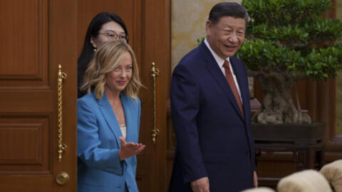 Chủ tịch Trung Quốc Tập Cận Bình (P) tiếp thủ tướng Ý Giorgia Meloni tại Điếu Ngư Đài ở Bắc Kinh, Trung Quốc, ngày 29/07/2024.