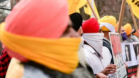 Protesters with the group Sikhs For Justice demonstrate against the Indian government's treatment of Sikh farmers near the White House in Washington, U.S., March 12, 2021.