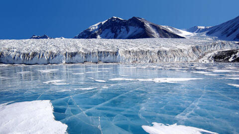 The blue ice covering Lake Fryxell, in the Transantarctic Mountains, Antarctica.