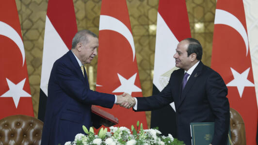 In this handout photo released by the Turkish Presidency, Turkey's President Recep Tayyip Erdogan and Egyptian President Abdel Fattah Al-Sissi shake hands during their meeting at Al-Ittihadiya palace in Cairo, Egypt, on 14 February 2024.