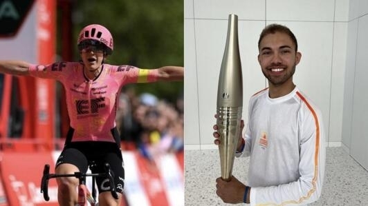 La ciclista olímpica estadounidense Kristen Faulkner y el venezolano Rodrigo Adam, portador de la antorcha olímpica en representación de los deportistas trasplantados.