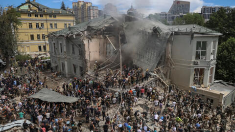 Rescuers work at Ohmatdyt Children's Hospital that was damaged during Russian missile strikes, amid Russia's attack on Ukraine, in Kyiv, Ukraine July 8, 2024.