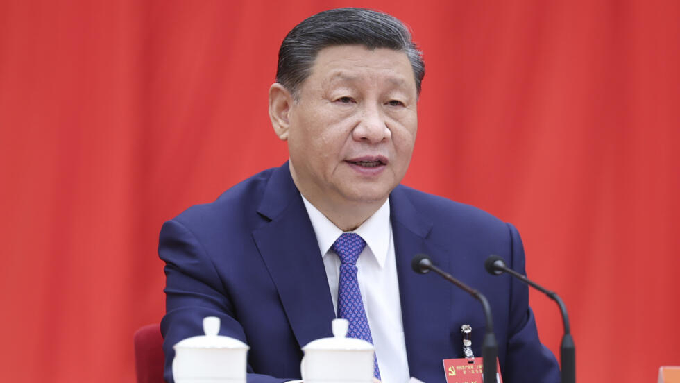 In this photo released on July 18, 2024, by Xinhua News Agency Chinese President Xi Jinping speaks at the third plenary session of the 20th Communist Party of China (CPC) Central Committee held from J