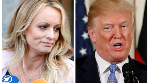 Stephanie Clifford, also known as Stormy Daniels speaking in New York City, and then- U.S. President Donald Trump speaking in Washington, Michigan, U.S. on