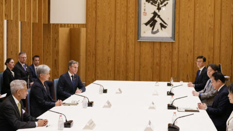 Indian Foreign Minister Subrahmanyam Jaishankar, from left at the table, Australian Foreign Minister Penny Wong and U.S. Secretary of State Antony Blinken meet with Japanese Prime Minister Fumio Kishi