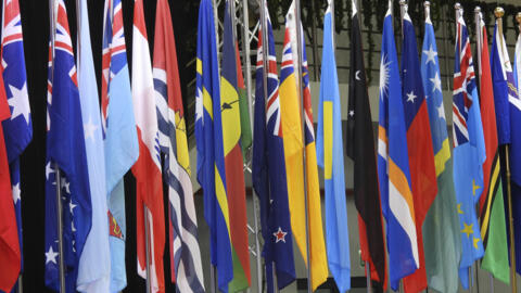 The flags of participating countries are displayed at the annual Pacific Islands Forum leaders meeting in Nuku'alofa, Tonga, Monday, Aug. 26, 2024. 