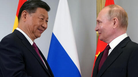 中国国家主席习近平与俄罗斯总统普京在上海合作组织（SCO）峰会期间。2024年7月3日，哈萨克斯坦阿斯塔纳。