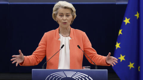 A presidente da Comissão Europeia, Ursula von der Leyen, pronuncia seu discurso anual sobre o estado da União Europeia e seus planos e estratégias para o futuro, no Parlamento Europeu, nesta quarta-feira, 13 de setembro de 2023, em Estrasburgo, França. 