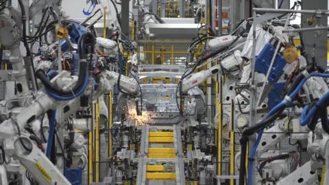 A car frame is welded by robots at a Vinfast factory in Hai Phong, Vietnam on Sept. 29, 2023.