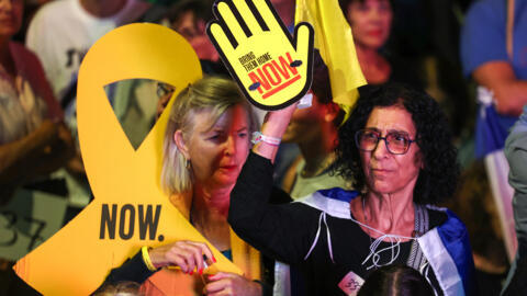 Les manifestants réclament le retour des otages lors d'un rassemblement contre le gouvernement de Benyamin Netanyahu, le 7 septembre 2024.