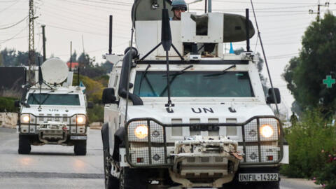 Vehicles of the United Nations Interim Force in Lebanon – UNIFIL – patrol in Marjeyoun in southern Lebanon on October 11, 2024, amid the ongoing war between Hezbollah and Israel. 