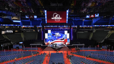 A general view during rehearsals at the 2024 Republican National Convention at the Fiserv Forum, Sunday, July 14, 2024, in Milwaukee.