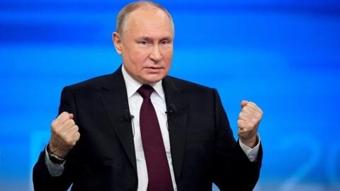 Le président russe, Vladimir Poutine, lors de sa conférence de presse annuelle où il répond aux questions des Russes, le 14 décembre 2023 à Moscou.