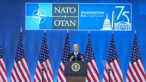 2024 年 7 月 11 日星期四，在華盛頓舉行的北約峰會的最後一天，美國總統拜登在新聞發布會上發表講話。